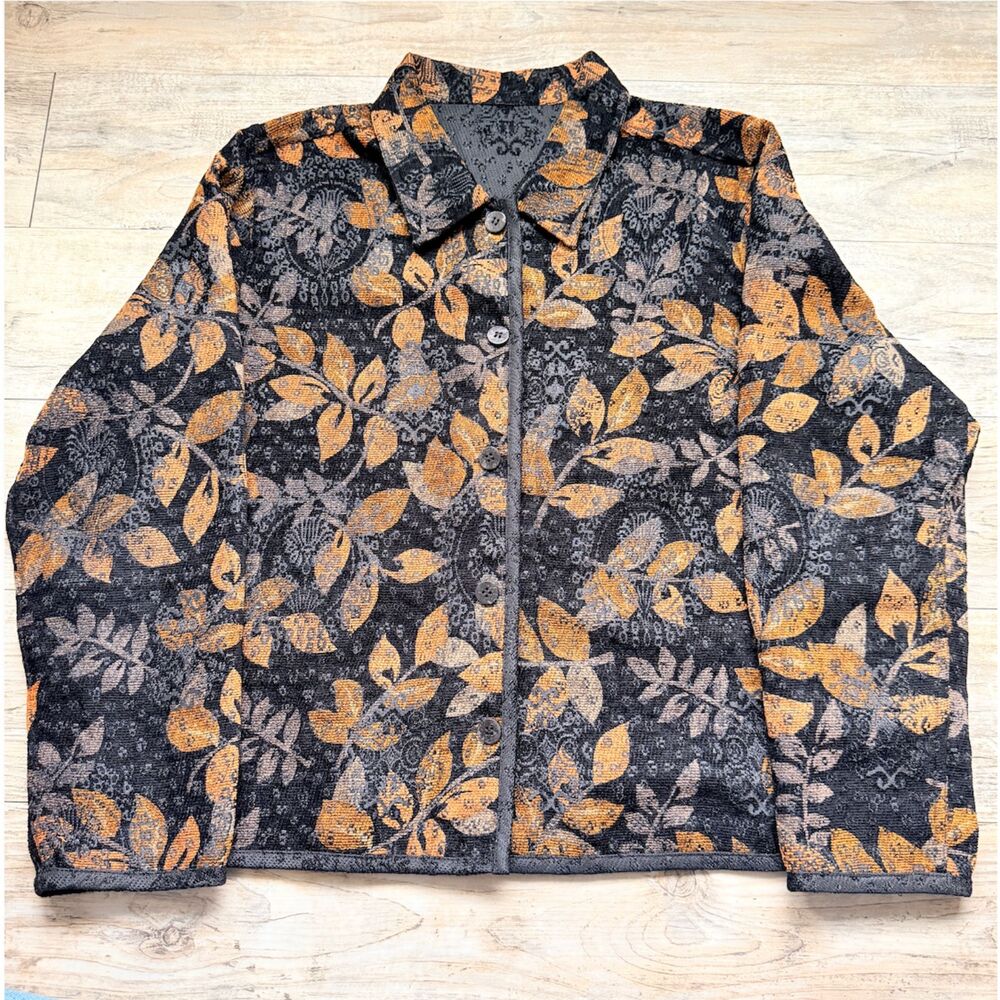 Vintage Fall Jacket Large Black Orange Leaf Print Button Front Reversible Whimsy